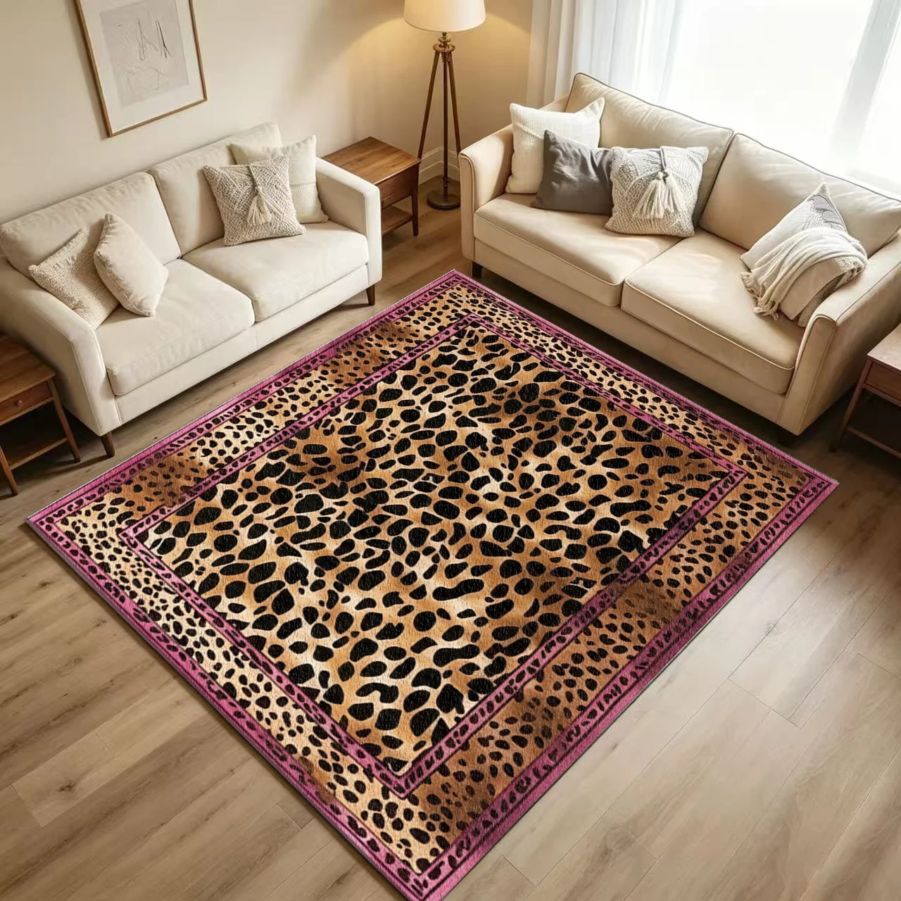 Leopard Print Pink Border Animal Pattern Carpet Non-Slip Washable Bedroom Carpet Fashionable Home Decoration