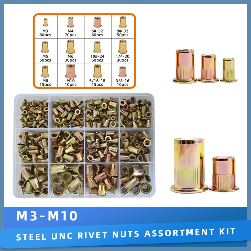 Rivet Nuts 150PCS / 470pcs Insert Flat Head Riveted Nut Pop Rivnut Carbon Steel Nutsert Assortment Kit For Automotive Furniture