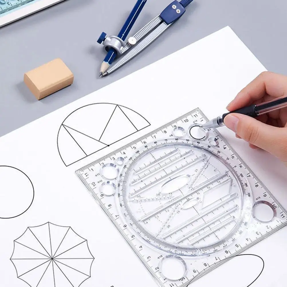 4Pcs Geometric Drawing Templates Plastic Multifunctional Rotatable Protractor Rulers for Creative School