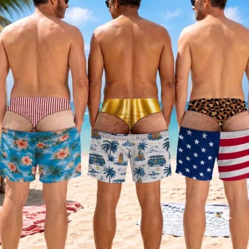 2026 Funny Optical Illusion Print Thong Shorts, Men Summer Novelty Hilarious Beach Swim Trunks, Quick Drying Family Kids Shorts
