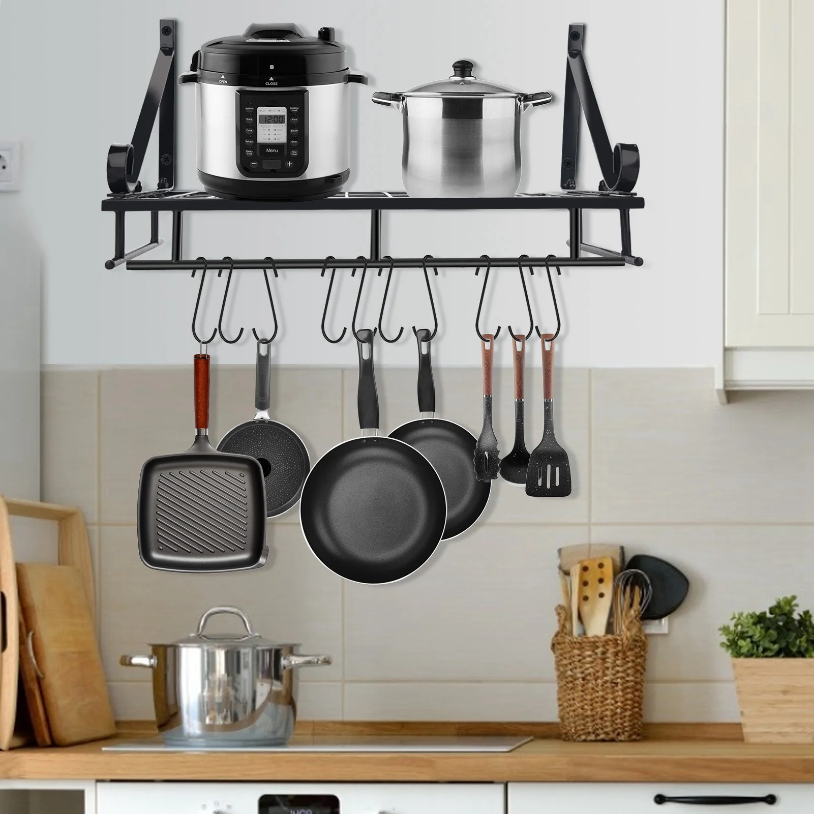 Metal Hanging Pan Pot Rack Wall Mounted with 10 Hook Holders Kitchen Storage Organizer (45cm) Hanging,Pan,Rack§Hanging,Pot,Rack