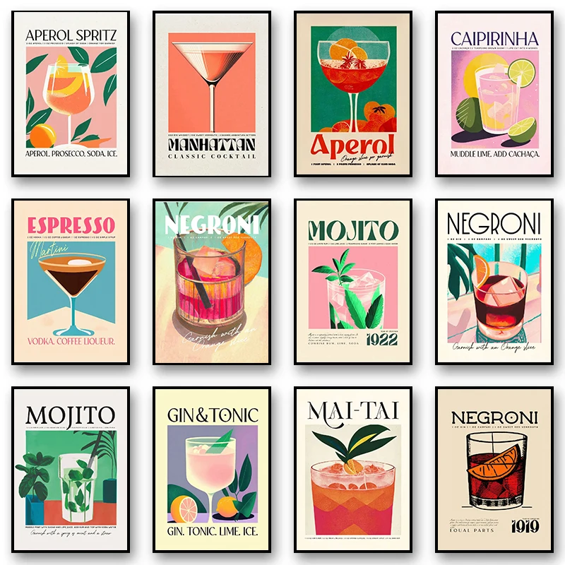 Alcohol Drink Vintage Fruit Cocktail Bartender Mojito Posters and Prints Canvas Printing Wall Art Picture for Kitchen Bar Decor