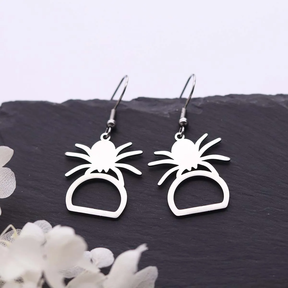 Kinitial Stainless Steel Spider Arch Frame Hook Dangle Earrings Gothic Insect Jewelry Spooky Halloween Gift For Women
