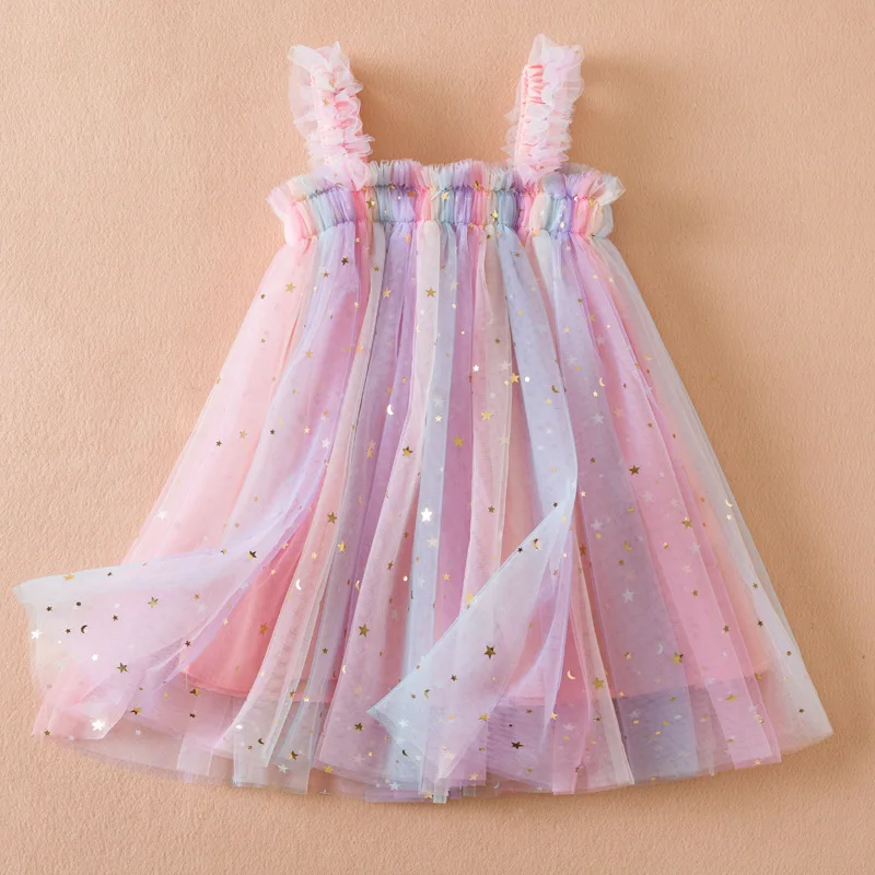 Sweet Girls Summer Flying Sleeve Bow Sequin Dress 2-6Y Kids Birthday Party Pink Fluffy a-line Princess Dress for Cute Baby Girl