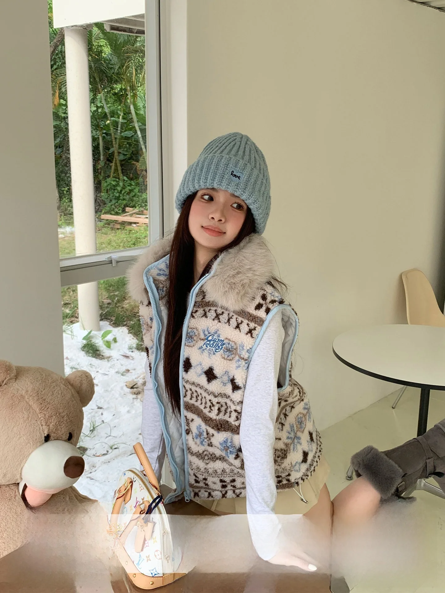 

Orange Tree Where Beautiful American Fur Collar Fair Isle Vest Women's Winter Sle Layering Slimming Vest Faionable