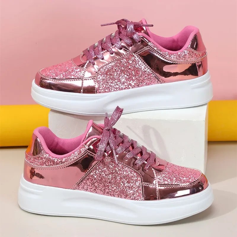 STRONGSHEN Women Sneakers Shining Glitter Casual Fashion Platform Trainers Couple Silver Walk Shoes Tenis Feminino Shoes Unisex