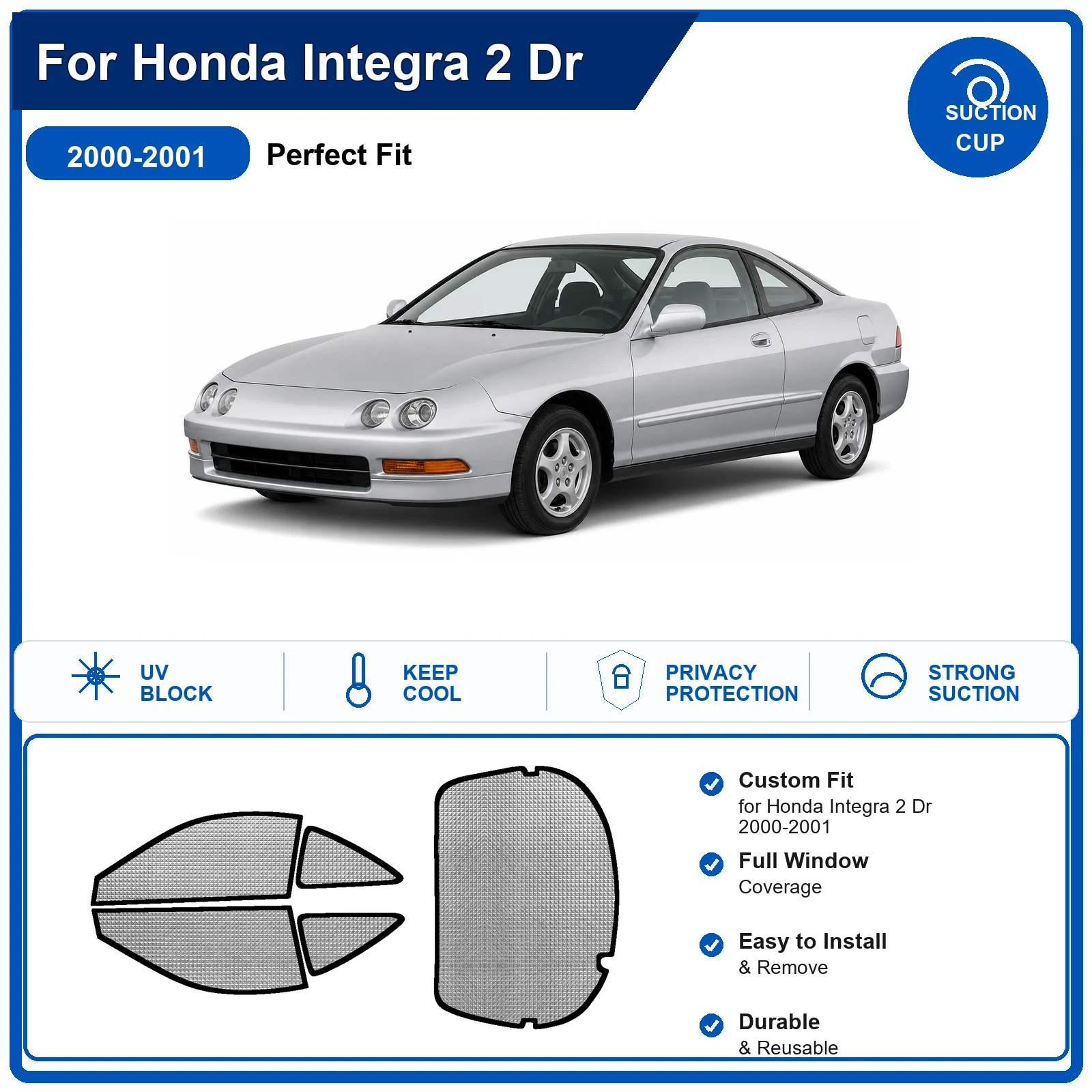 For Honda Integra 2 Dr 2000-2001 Custom Full Set Windshield Sun Shade Aluminum Foil Heat Insulation Anti UV Foldable