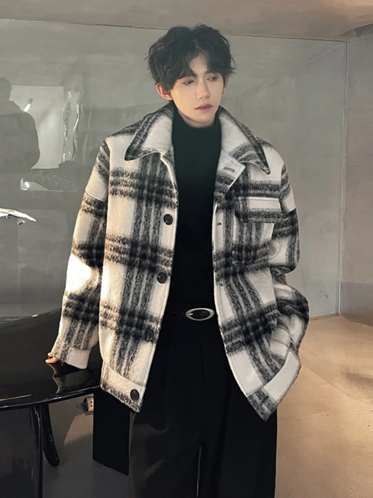 

Ретро-американское шерстяное пальто в клетку, свободная верхняя одежда, мужское теплое утолщенное шерстяное пальто, молодежное зимнее пальто Vitali Sle