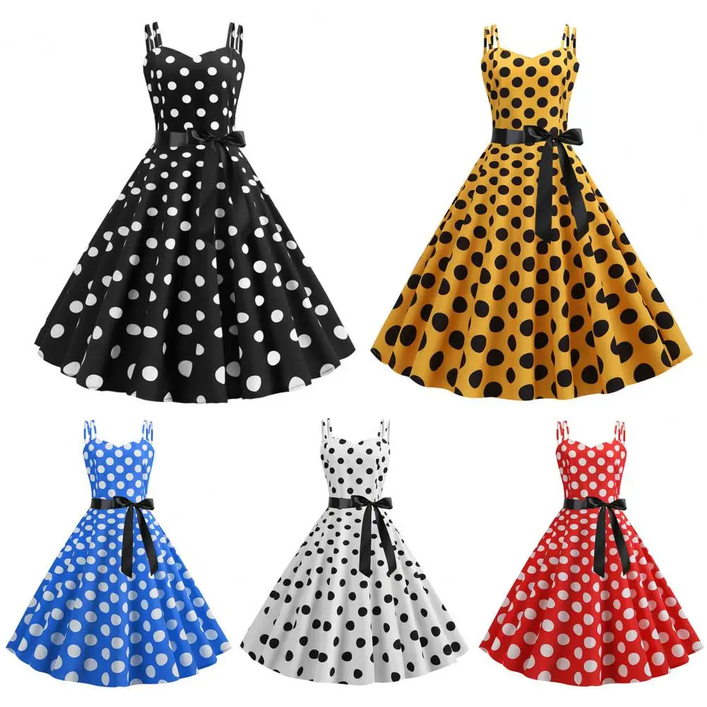 

Women Dress Retro Polka Dot Dress A-line Tight High Waist Bow Decor Sleeveless V Neck Party Wedding Prom Ball Summer Midi Dress