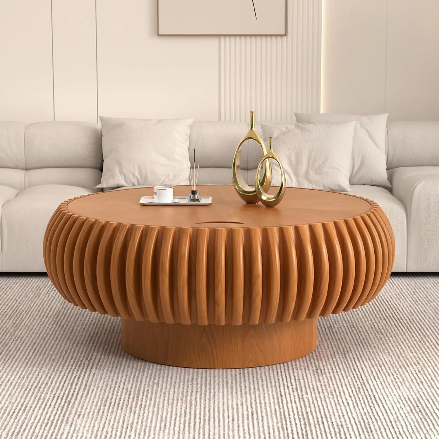 Round Fluted Coffee Table Hidden Storage 31.5in MDF Wood Scratch Resistant Safety Corners Living Room, Customized