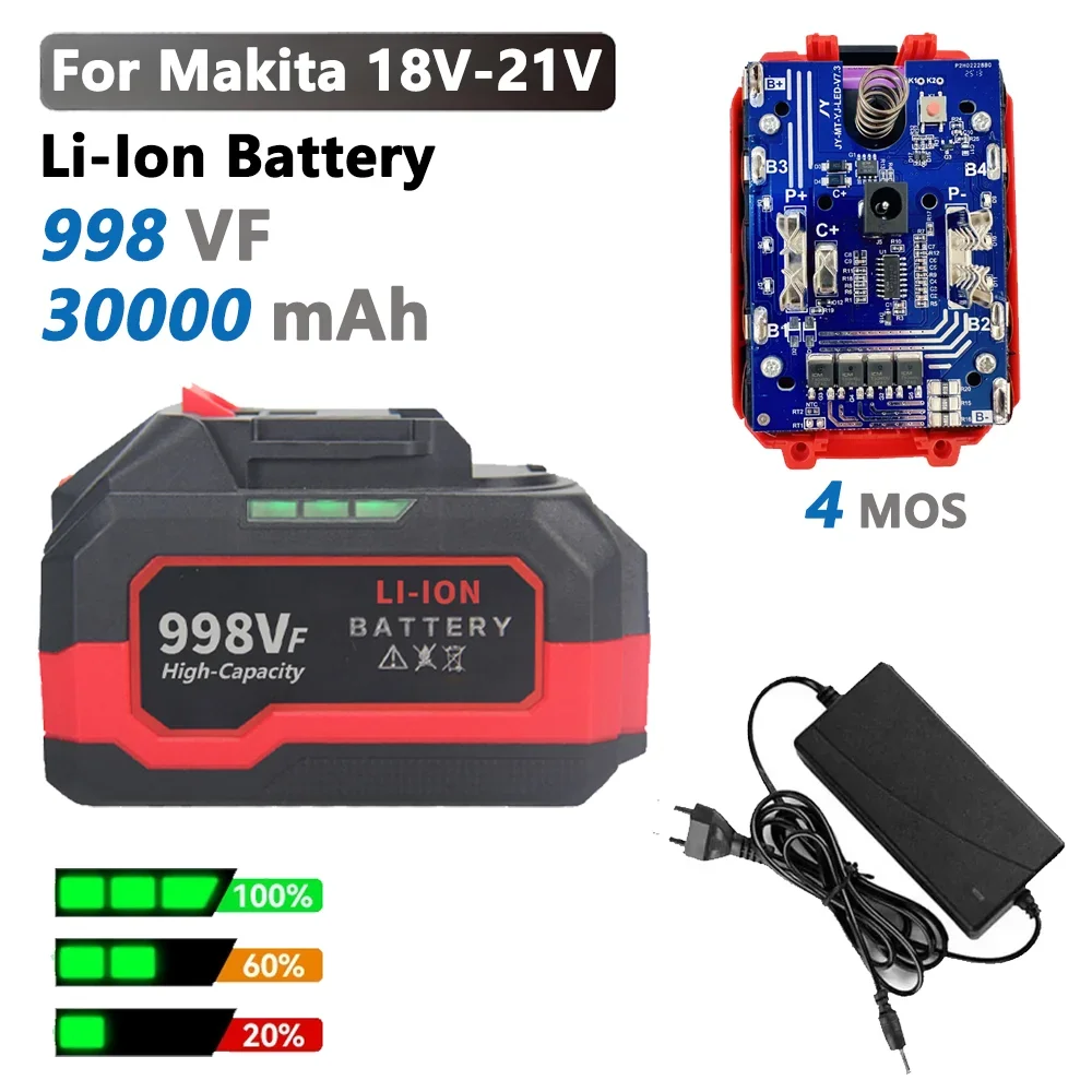 New 998VF 18V 20V 21V 30000mAh High Capacity Rechargeable Lithium Ion Battery with Capacity Indicator for Makita 18V Power Tools