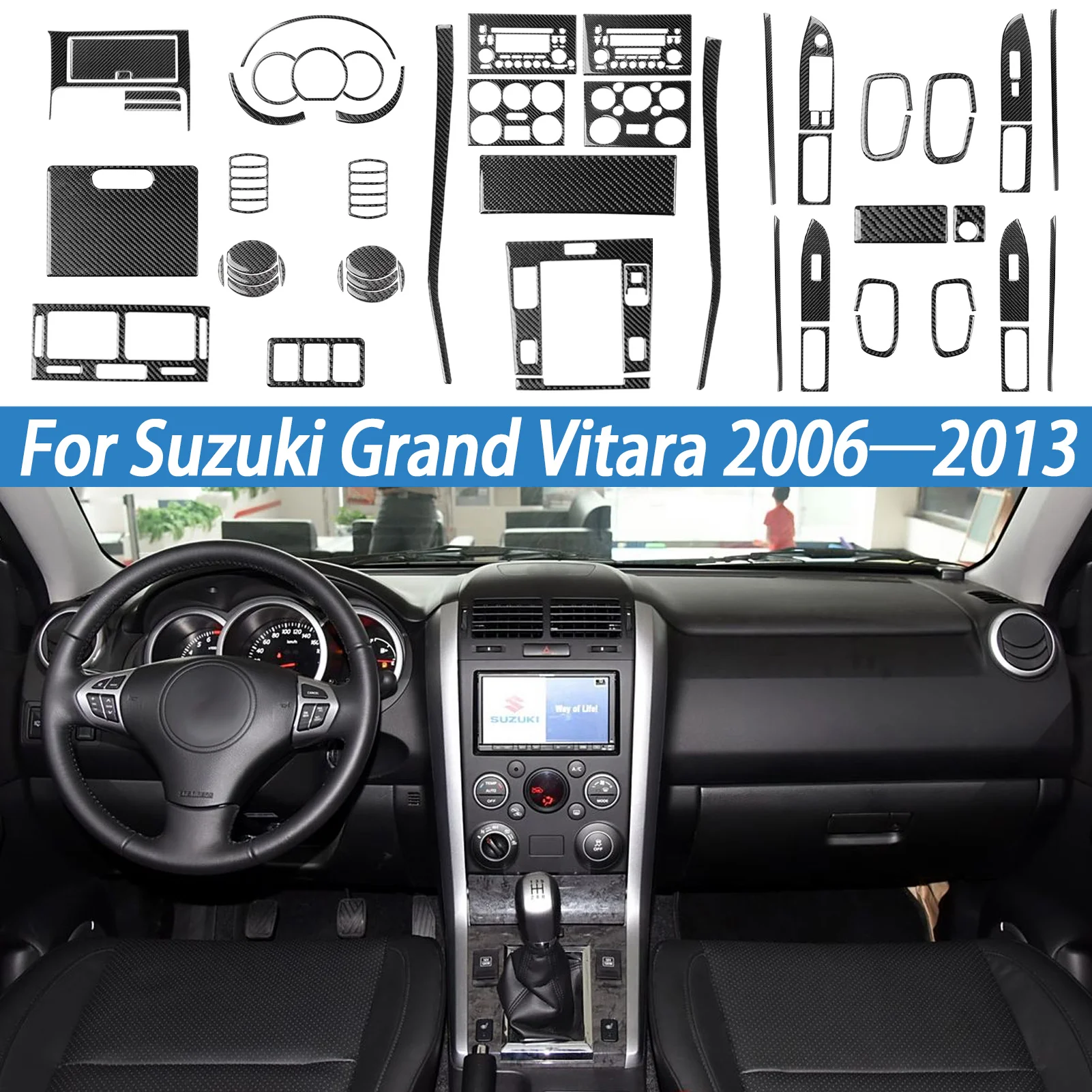 For SUZUKI Grand Vitara 2006—2013 Carbon Fiber Interior Accessories Dashboard Air Outlet Speedometer Gear Shift Panel Sticker