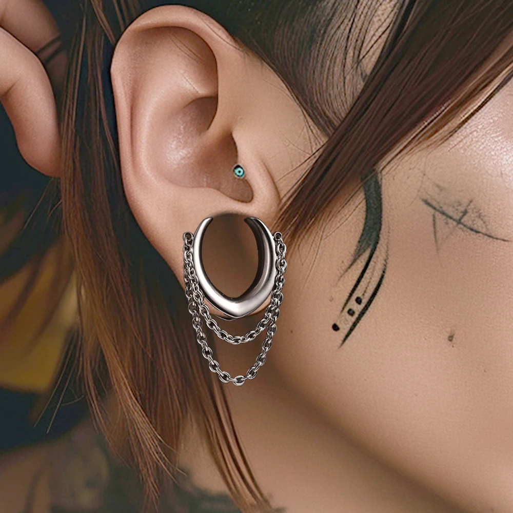 Vankula 2PCS Classic Saddle with Chain for Stretched Ears 316 Stainless Steel Ear cuff Tunels (0G-1\