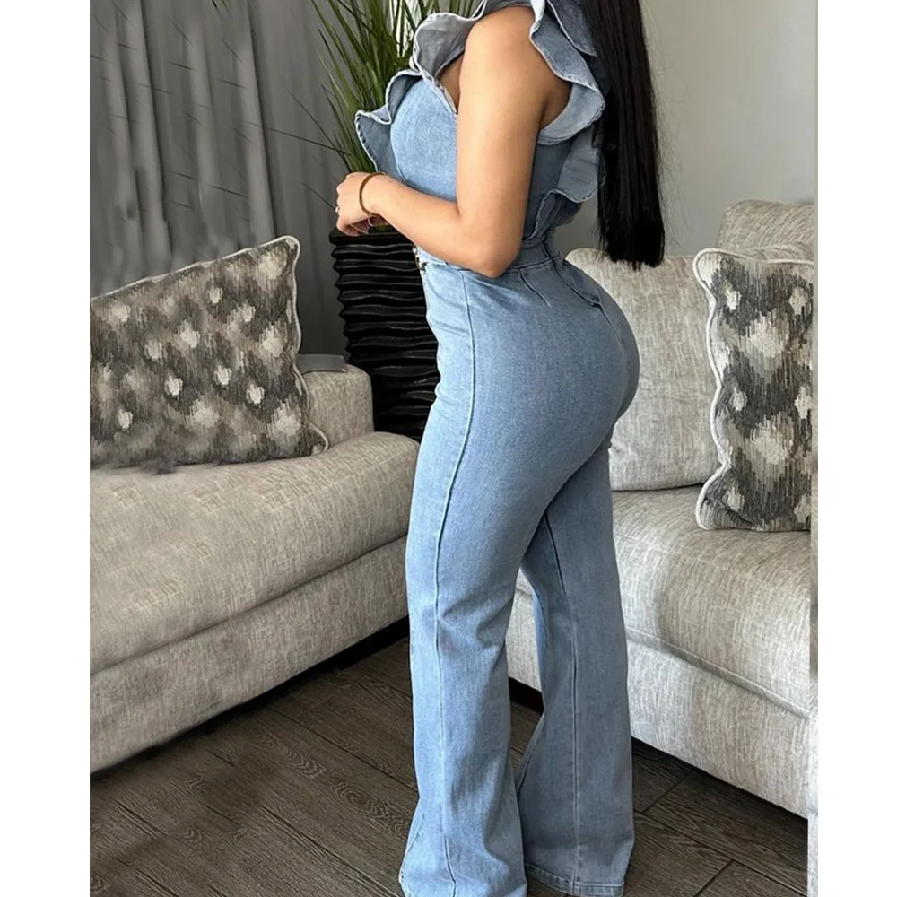 Women Sexy v-neck Jumpsuits Ruffles Sleeveless Slim Lady Elasticity Denim Fashion Street Wide-leg Pants Female Cowboy Overall