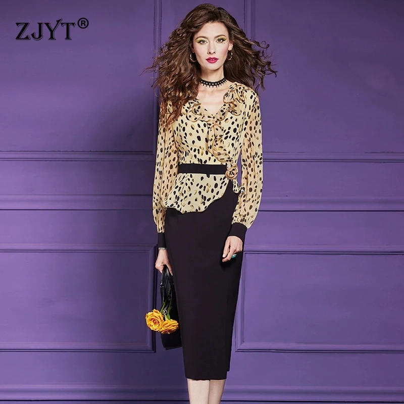 

ZJYT Women's Elegant Chic Dot Print Patchwork One Piece Dress for Office Work Wear Long Sleeve Plus Size Midi Vintage Dresses