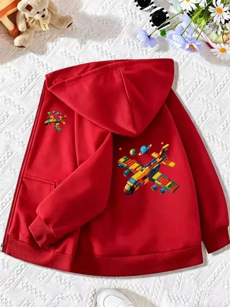 Space Block Airplane Full Zip Hoodie Blue Colorful Brick Plane Planet Print Long Sleeve Casual Streetwear For Little Boys