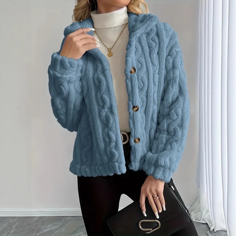Double-faced Fleece Fried Dough Twist Autumn Winter Jacket Single Breasted Turn Down Collar Soid Comfort Plush Warm Women's Coat