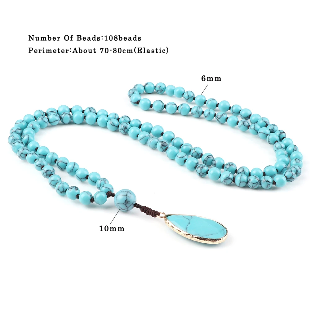 Fashion Water Drop Pendant Necklace For Women Natural Blue Stone Beaded Necklace 108 Beads Japamala Prayer Necklace Men Jewelry