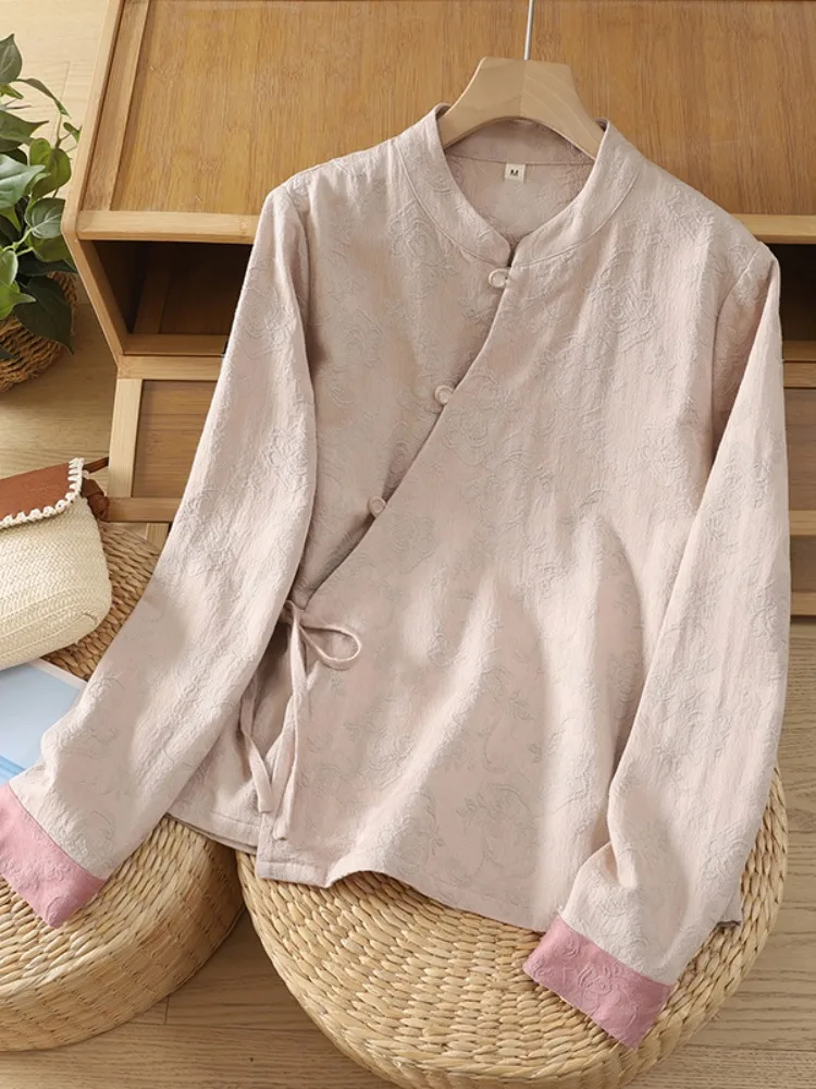 

Женская хлопково-льняная блузка с эффектом похудения, весенняя, с боковыми пуговицами, с поясом, в стиле модифицированного ханьфу, с длинными рукавами, художественный дизайн