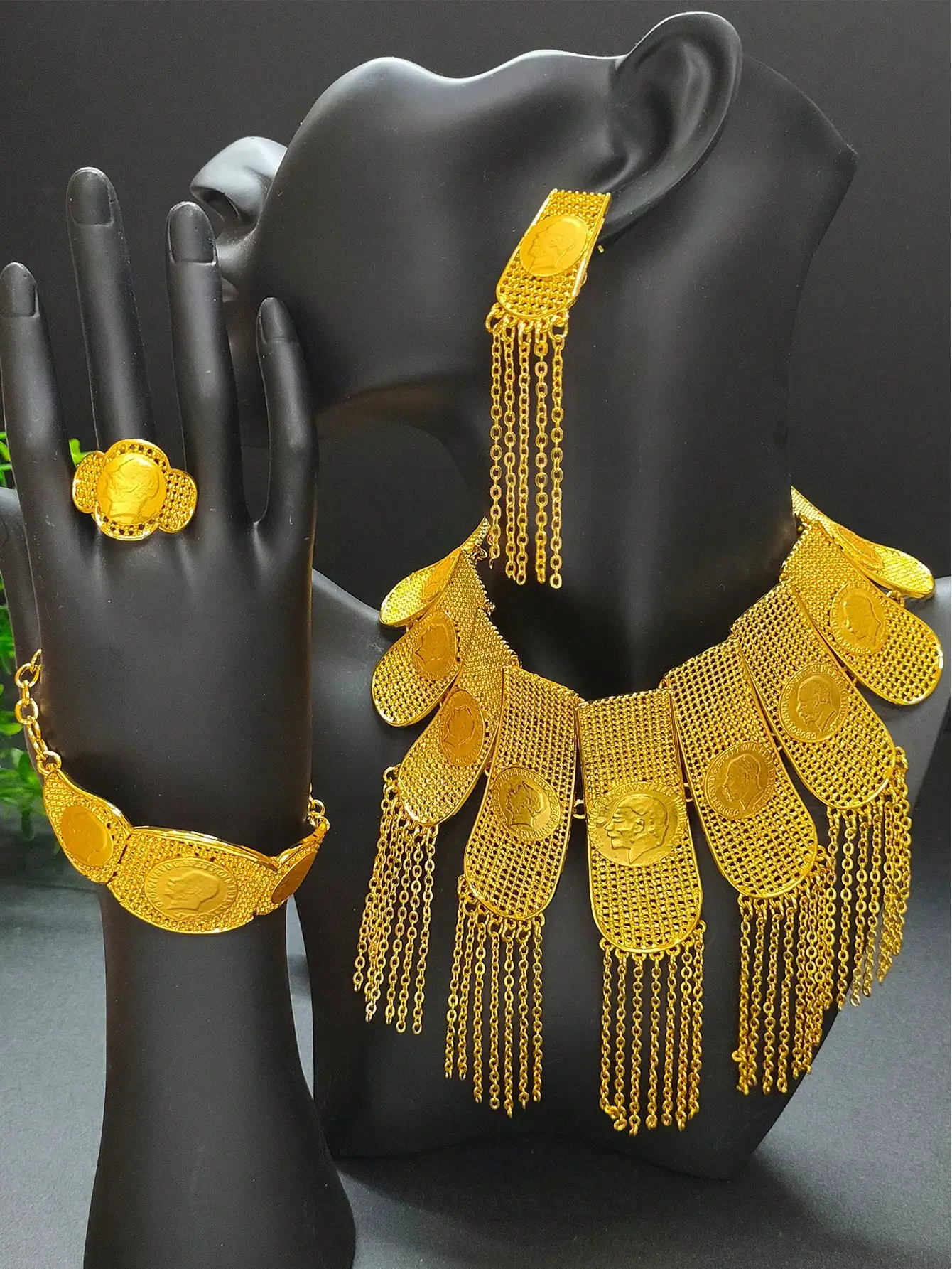 Ethiopian 24k Gold Color Tassel Coin Charm Jewelry Sets for Women Indian Dubai African Necklace Set Arab Party Gifts