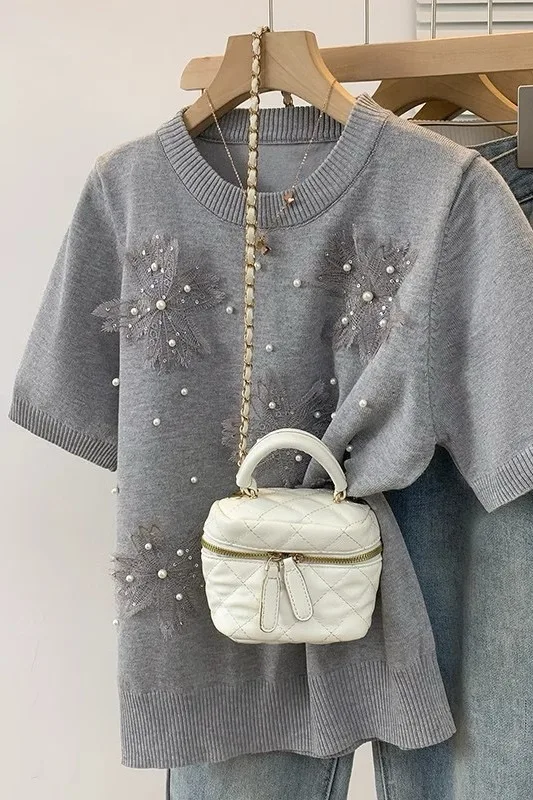 Flor estéreo camisola de malha camisetas femininas 2025 verão manga curta o-pescoço camisetas topos moda casual elegante senhoras malhas