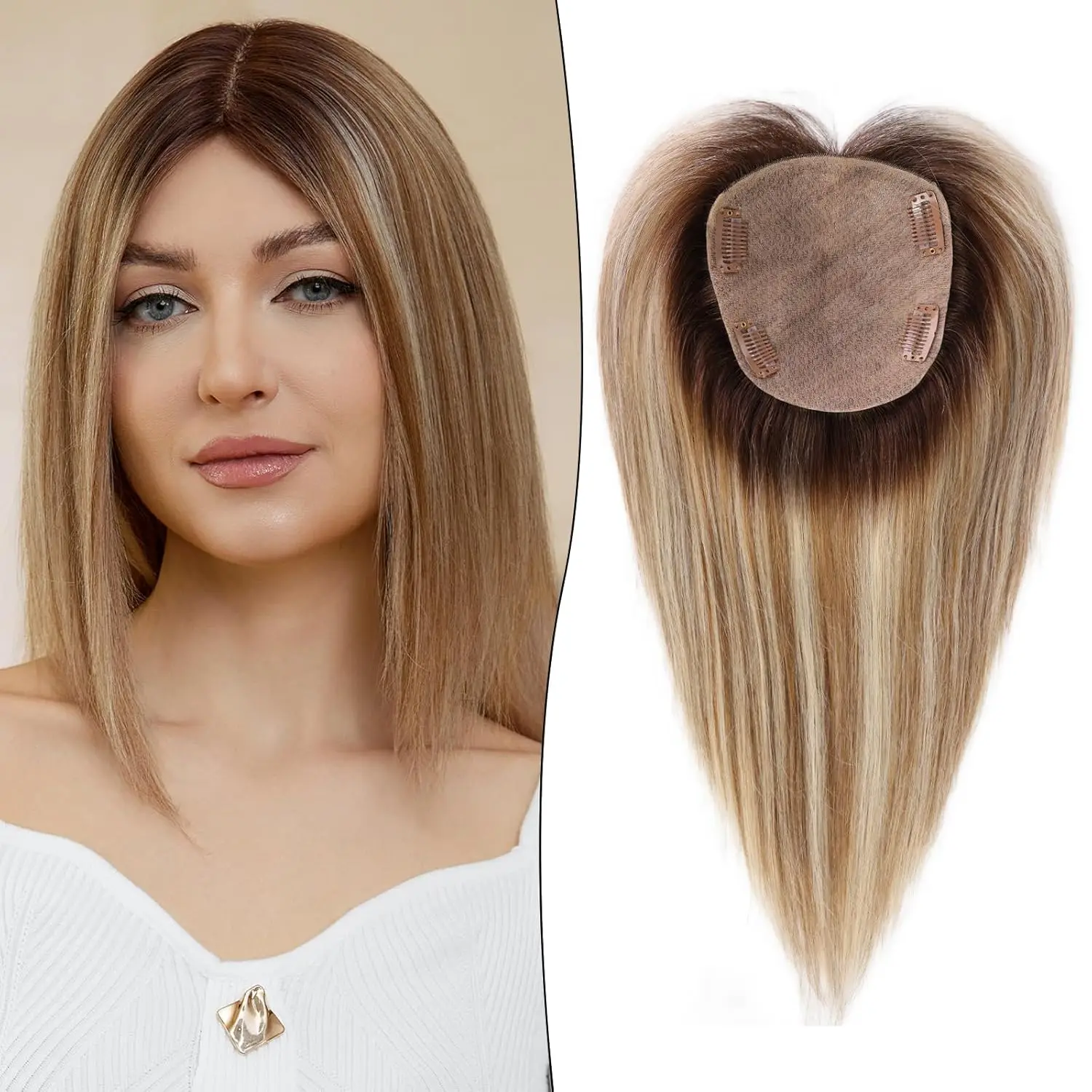 Remy Human Hair Toppers 12 Inch Ombre Mixed Blonde Hair Topper Silk Base Clip in Hairpiece for Women with Hair Loss or Thin Hair