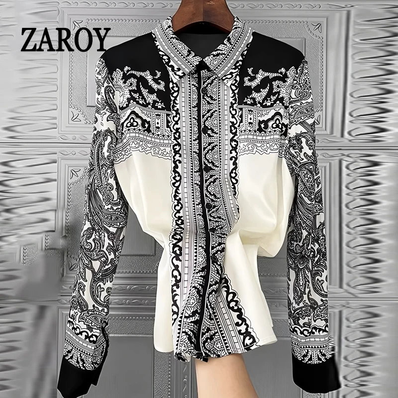 ZAROY Vintage Women Satin Shirt Long Sleeve Tops Elegant Slim Office Lady Blouse Royal Paisley Print Female Shirt Woman Clothing