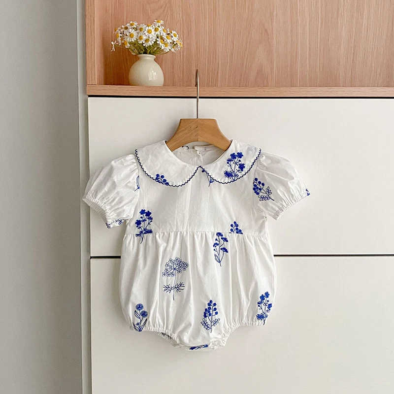 

Summer New Style 0-24M Girl Bodysuit Puff Sleeve Baby Clothes Children's Romper Girls Retro Peter Pan Collar Jumpsuit