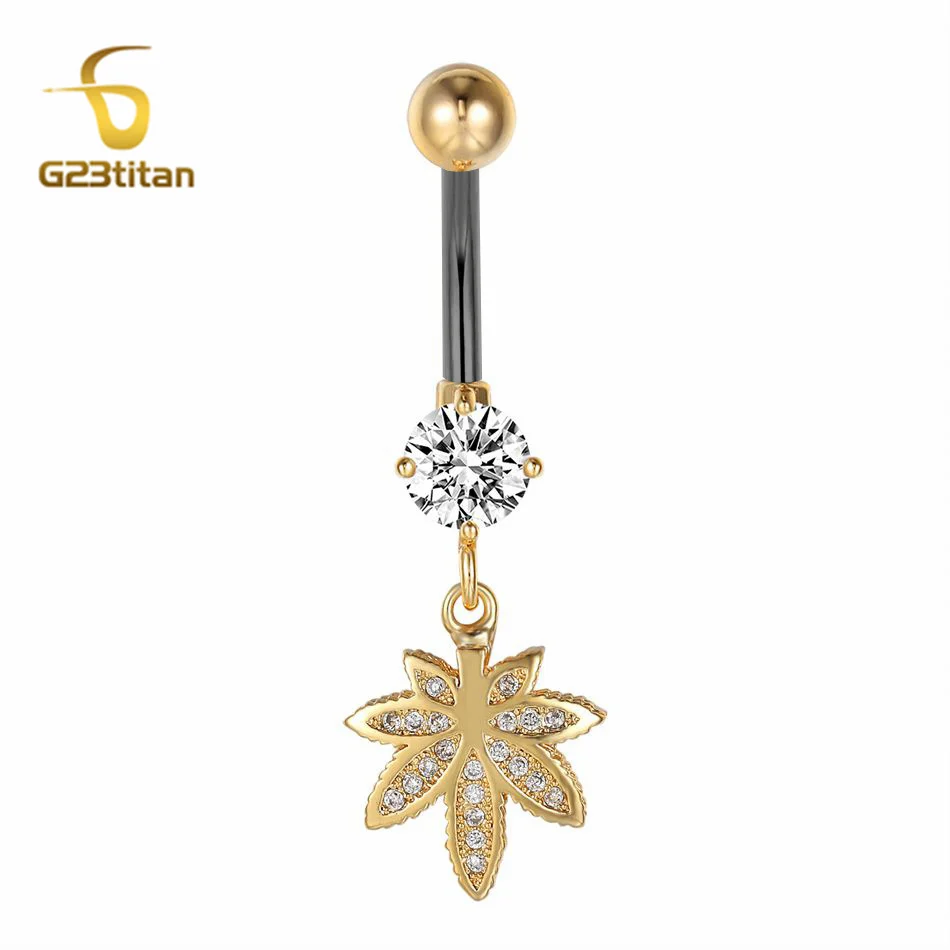 F136 Titanium Barbell Zircon Maple Leaf Golden Dangle Belly Button Piercing Jewelry 14G Medical Allergy-free Body Bar Navel Ring