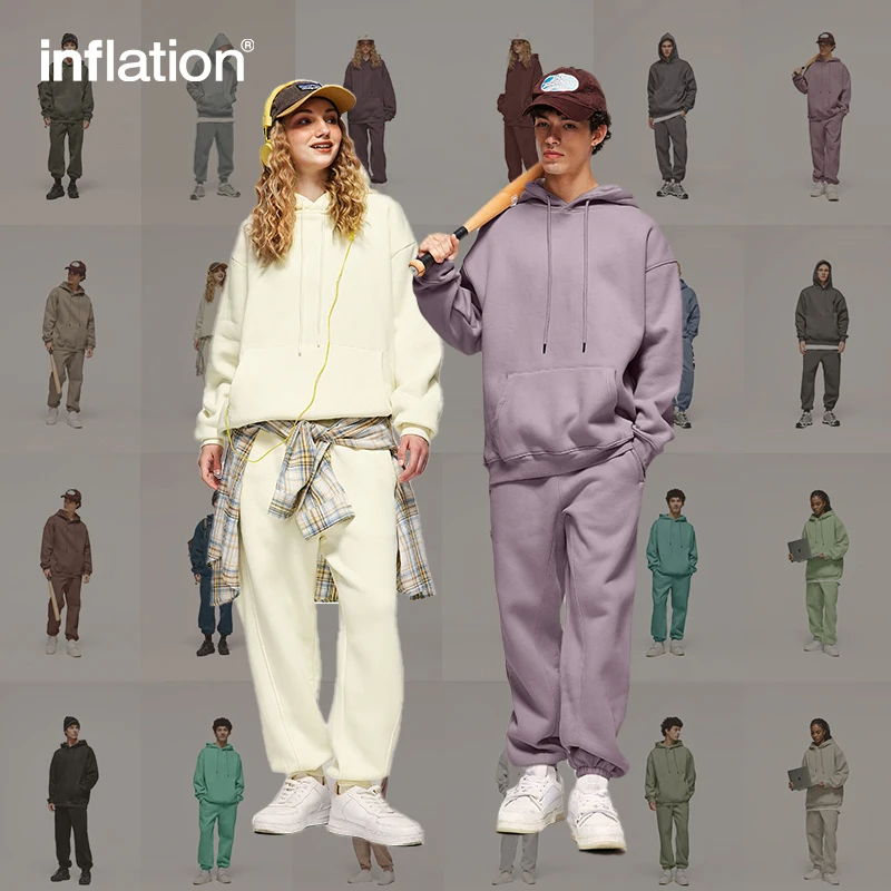 INFLATION 350gsm Thick Vlevet Tracksuit Unisex 2023 Trendy Solid Color Jogging Suit Mens Blank Matching Fleece Sweatpant Set