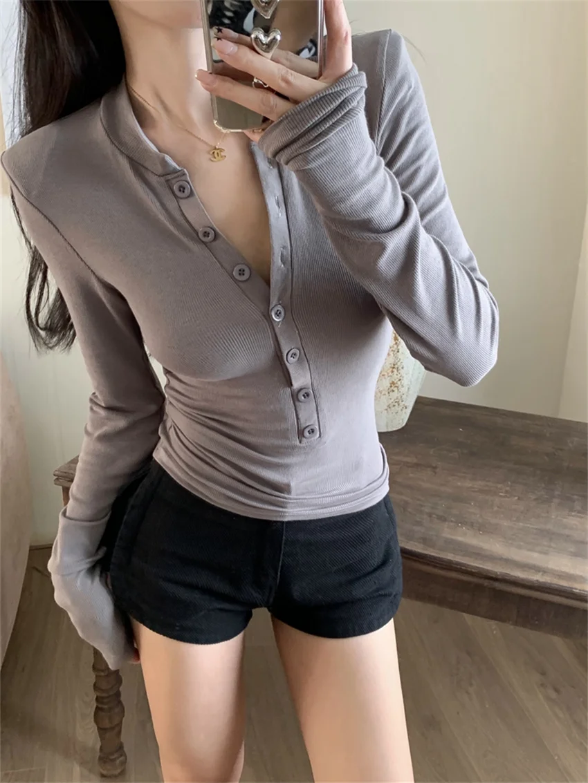 

Arazooyi Slim Autumn Minimalist T-Shirts V-Neck Women Loose Solid Drawstring Casual 2023 Chic Full Sleeve Gentle Sexy Tees