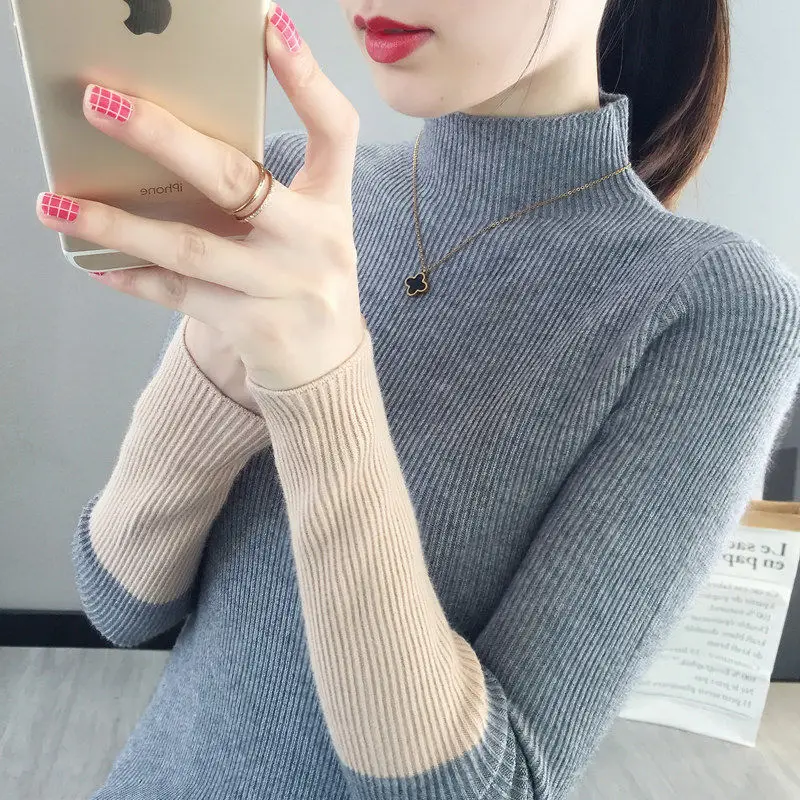 Fashion Stand Collar Spliced Korean T-Shirt Women's Clothing 2024 autumn winter Casual Pullovers Long Sleeve All-match Tee Shirt