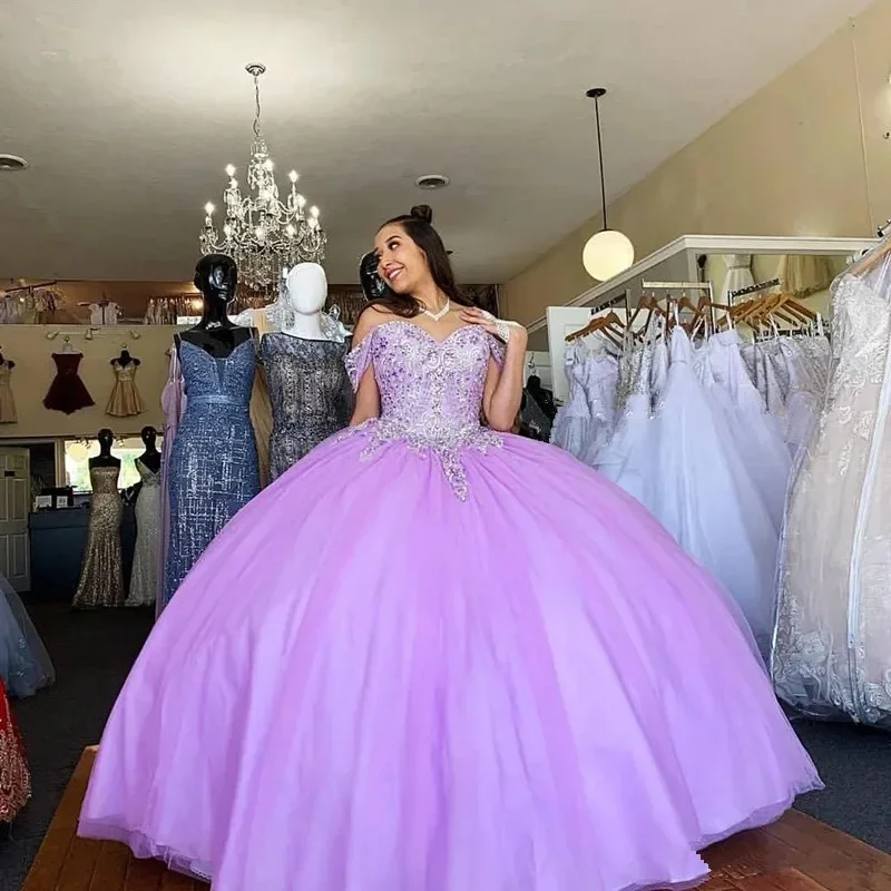 ANGELSBRIDEP-Vestidos De quinceañera lilas, mangas con hombros descubiertos, 15 años, cuentas De cristal, Vestidos De princesa para fiesta De cumpleaños