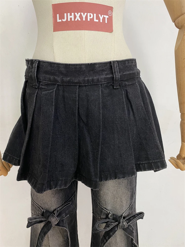 Falda plisada empalmada para mujer, pantalones acampanados negros de pierna ancha, ropa de calle, pantalones Retro de moda, pantalones vaqueros vaqueros de cintura baja para mujer