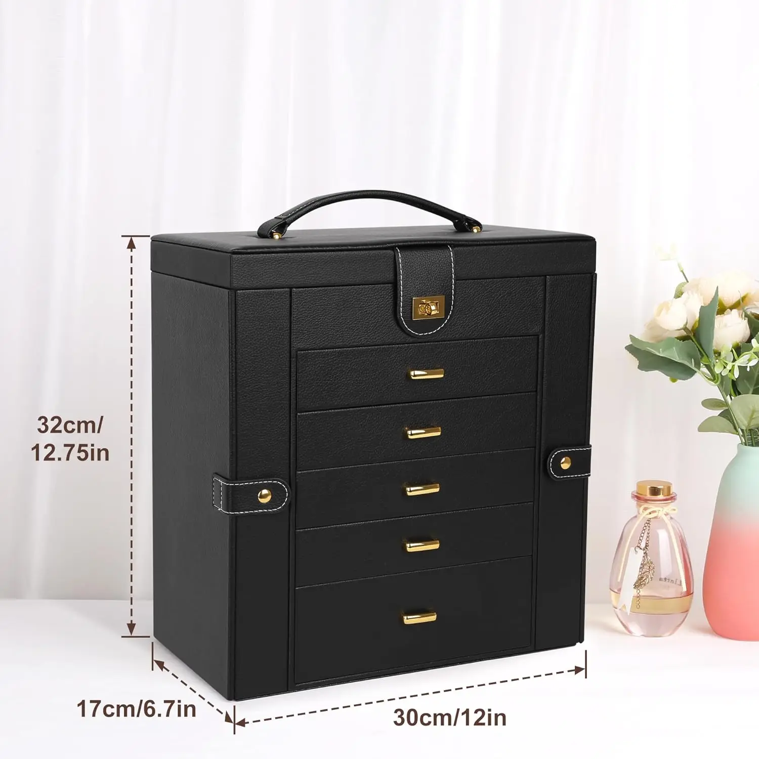 Extra Large Jewelry Box Jewelry Case PU Leather 6 Tier 5 Drawers Large Storage Capacity For Watches LJC-SHD5BK (black)