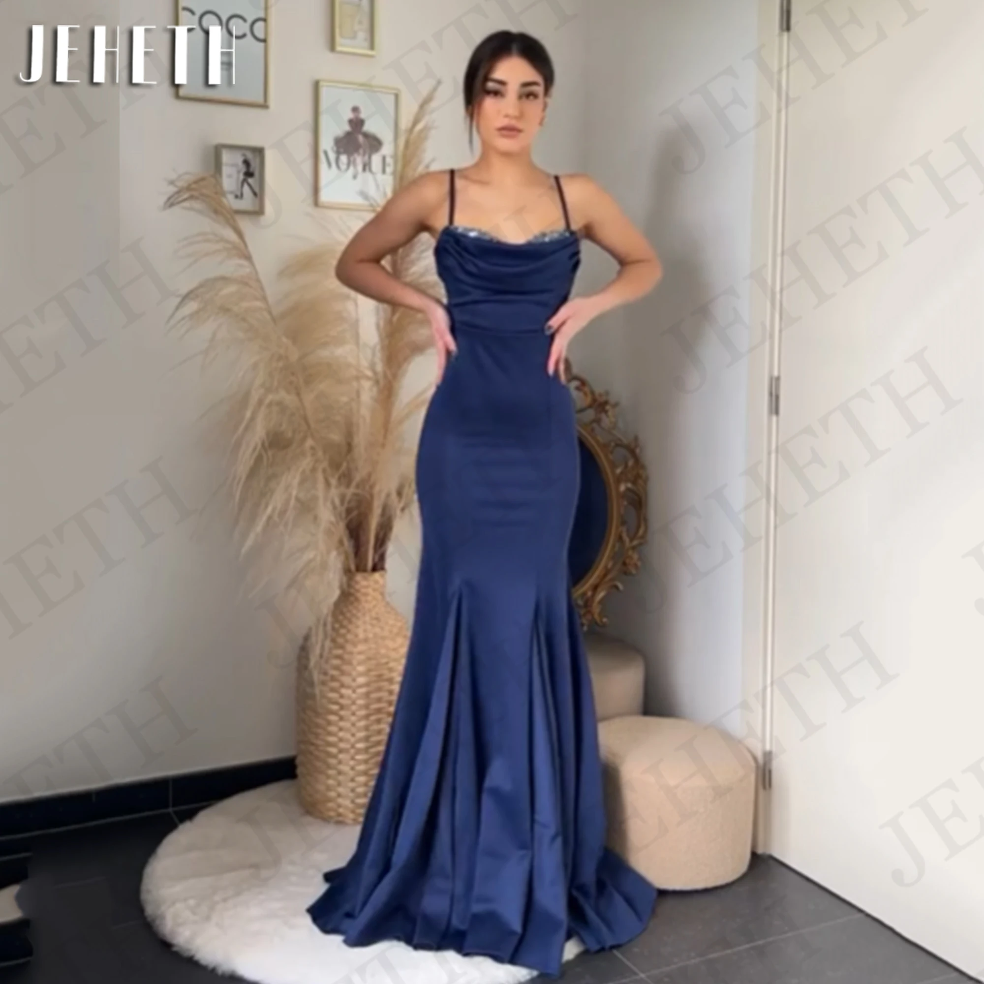 JEHETH Modern Mermaid Evening Dress Sweep Train Navy Blue Open Back Satin Banquet Dresses Spaghetti Straps Sweetheart Party