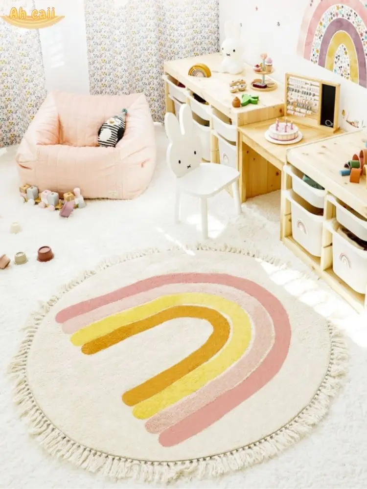 Rainbow Fluffy Carpet For Living Room With Tassels White Plush Rug For Kids Bedroom Soft Nursery Play Mat For Children Babi