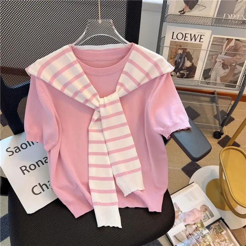 White Short-sleeved Summer New Style Knitted Sweater with Striped Shawl Niche Two-piece Top Women\'s T-shirt