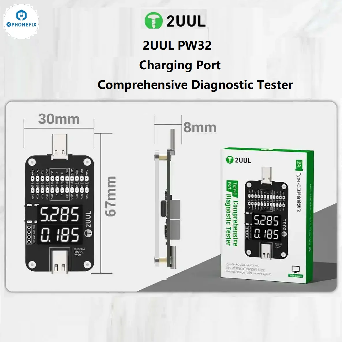 2UUL PW32 Tail Plug Detector Type-C Port Comprehensive Diagnostic Tester for Phone Quickly Fault Location Charging Detection