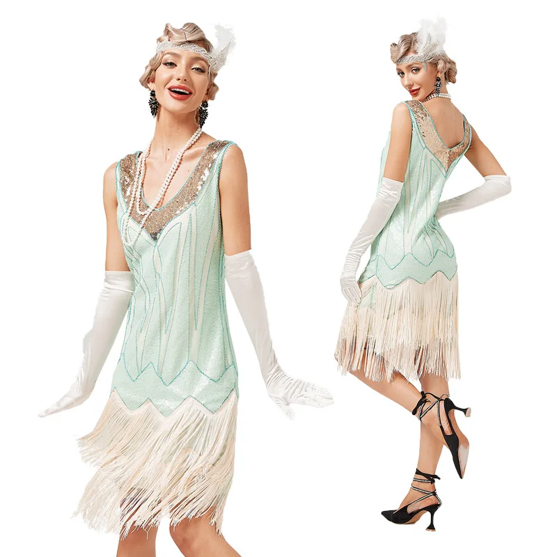 Vintage 1920S V คอคู่พู่ชุด Great Gatsby ชุดคอสเพลย์ผู้หญิงค็อกเทลชาร์ลสตันเต้นรำเลื่อม Stud ชุด