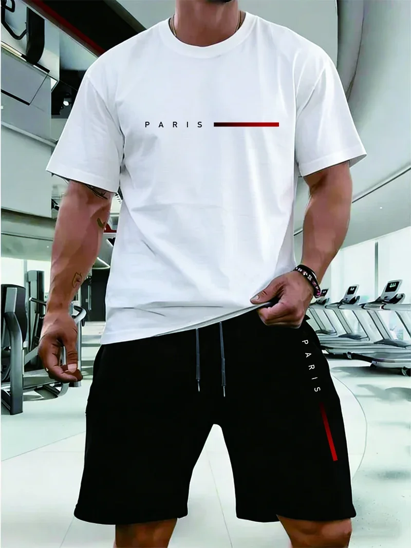 

Gym Mens Tracksuit Casual T-shirts Shorts 2 Pcs Set Summer Hot Sales Short Sleeve Outfits Outdoor Fitness Sports Jogging Clothes