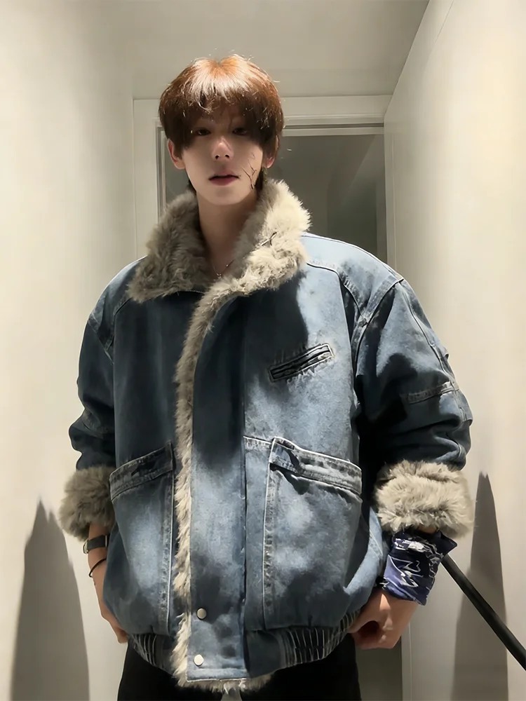 

Retro American Waed Denim Jaet Men's Winter Thiened High-End Flap Fur Collar Workwear Cotton Clothes Long Sve Zipper...