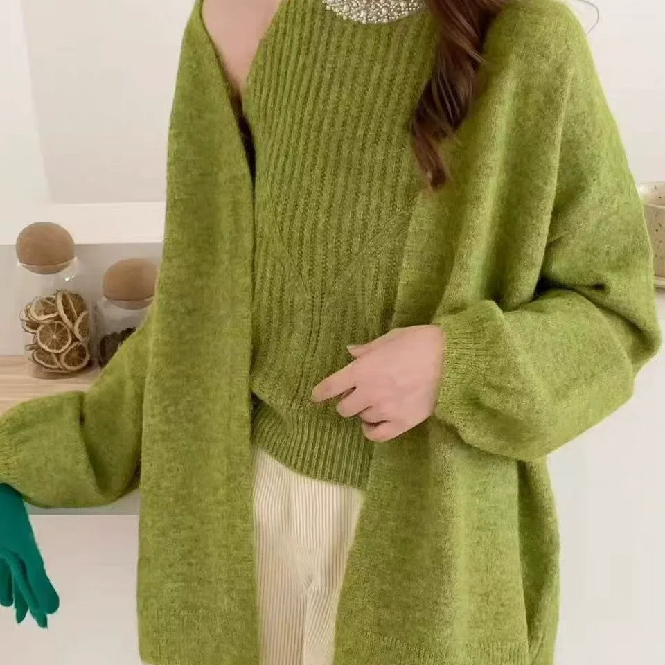 Knitting Beaded Halter Neck Top Cardigan Set Women Loose Two-piece Thickened Sweater Coats Soft Warm Autumn Winter Coat Top