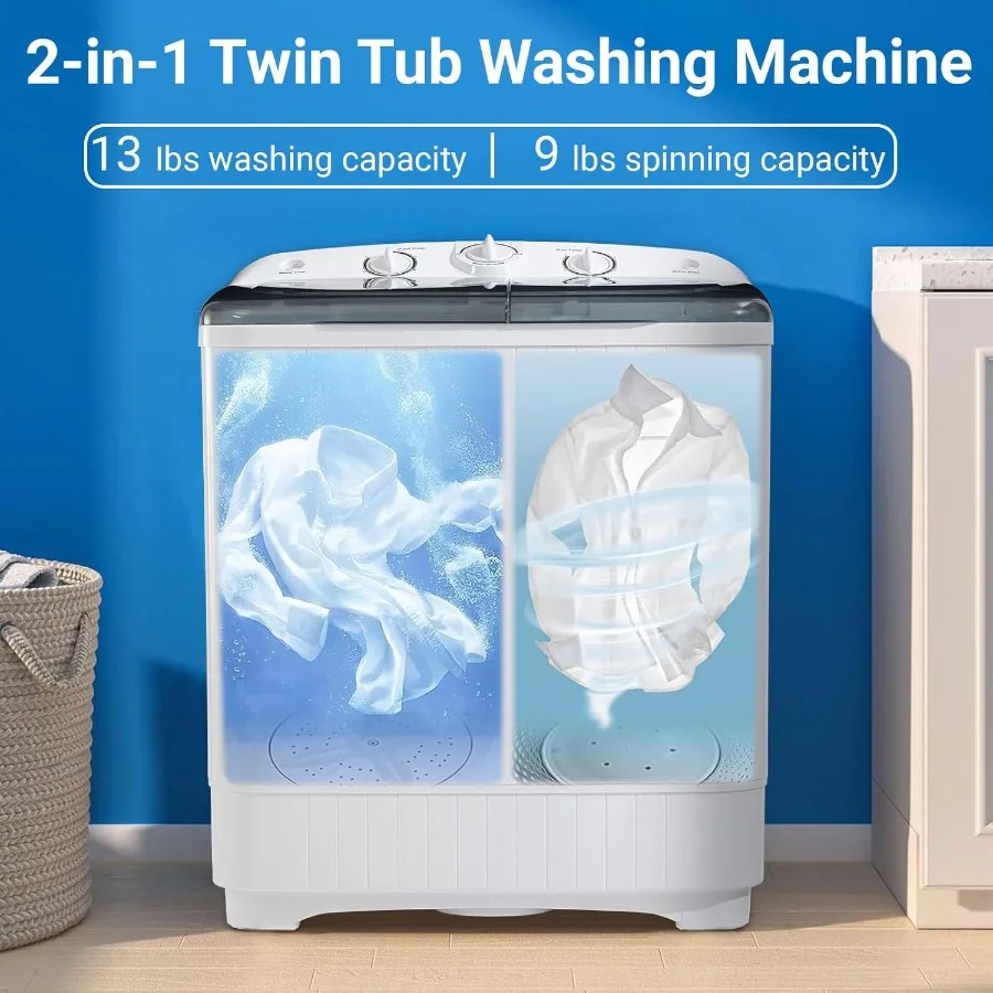 Portable 22 lbs Twin Tub Washing Machine with Drying Rack 13 lbs Washer Mini Compact Laundry Machine and 9 lbs Spinner Semi-aut