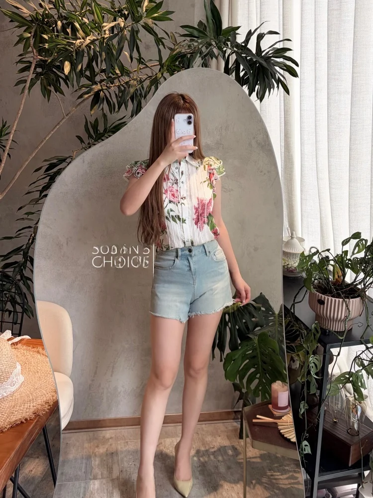 

Sweet Style Silk Blouse with Lace Splicing Pink Flower Embroidery Pleated Collar Short Sleeve Girls Fashion Spring Summer Top