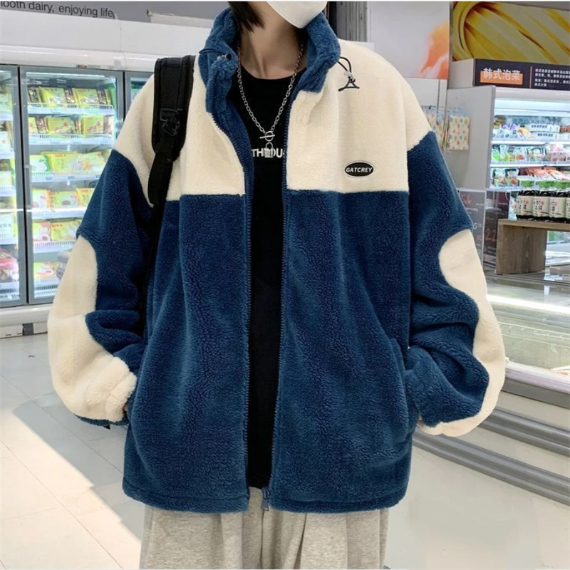 Autumn Winter Polar Fleece Coat Men Fashion Hip Hop Loose Patchwork Thicken Padded Jacket Casual Streetwear Male Outerwear Coats