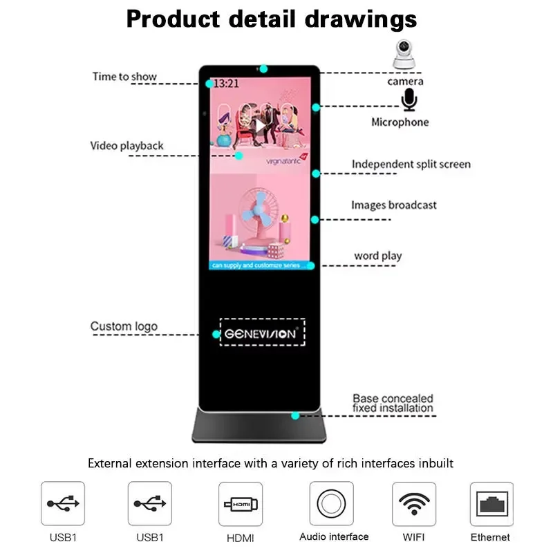 32 Inch Digital Display Board Signage Advertising Kiosk LCD Touch Screen Indoor Smart WIFI Floor Stand