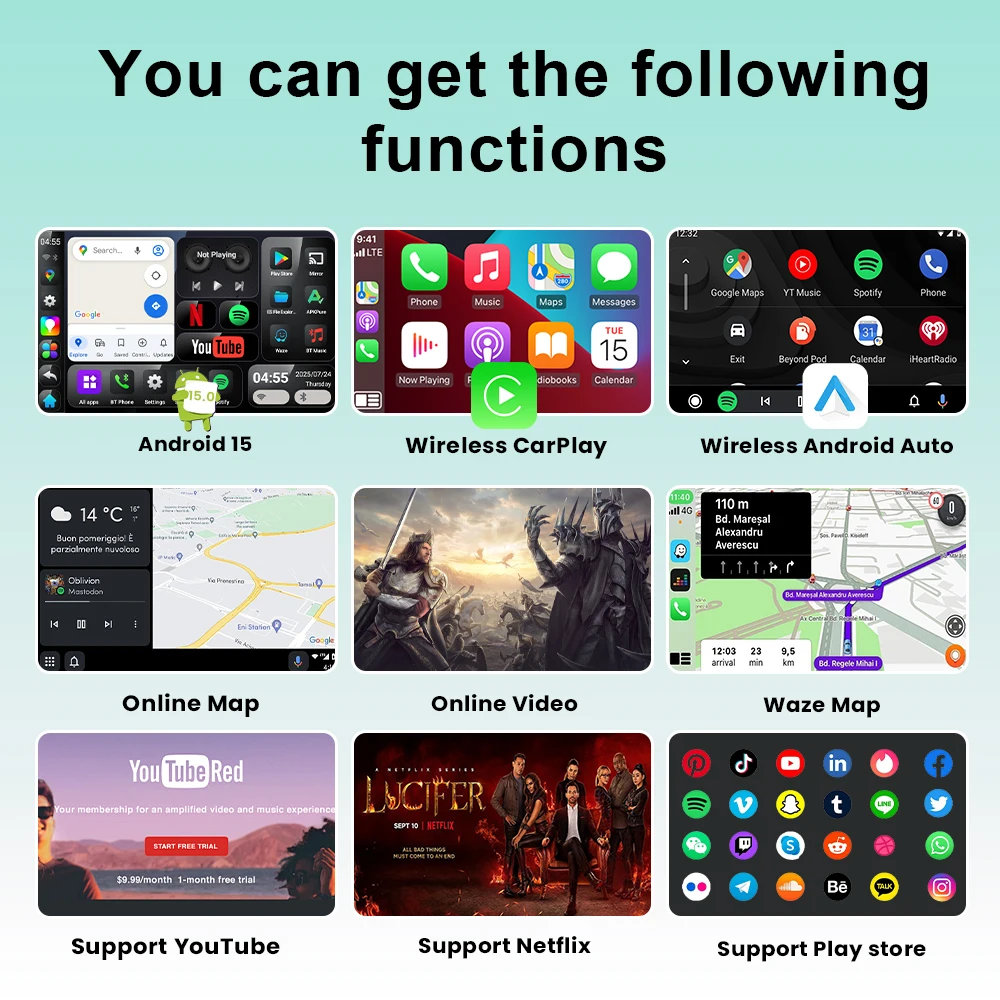 PLAYAIBOX Android 15.0 CarPlay Ai BOX Wireless Android Auto 8GB + 128GB 4G Netword بنيت في نظام تحديد المواقع لشاشة Netflix YouTube المقسمة