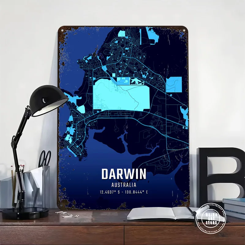 Darwin Australia Midnight City Map Printed Poster Customized Retro Wall Art Vintage Metal Tin Signs for Room Decorations Decor