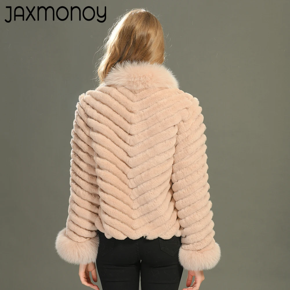 Jaxmonoy Women's Real Rabbit Fur Coat Real Fox Fur Collar And Cuffs Winter Fashion Warm Reversible Fur Jacket Ladies Casaco Fall